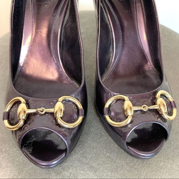 Gucci Purple Patent Leather Guccissima Horsebit Open Peep Toe Pump Heels Pump 38 - Picture 5 of 13